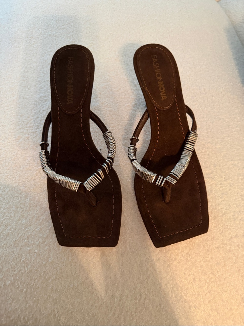 Fashion Nova Brown Thong Sandals with Silver Coil Accents